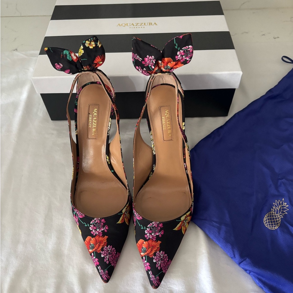 Aquazzura Deneuve Bow Tie 105 Floral Slingback Pump EU 38/US 7.5